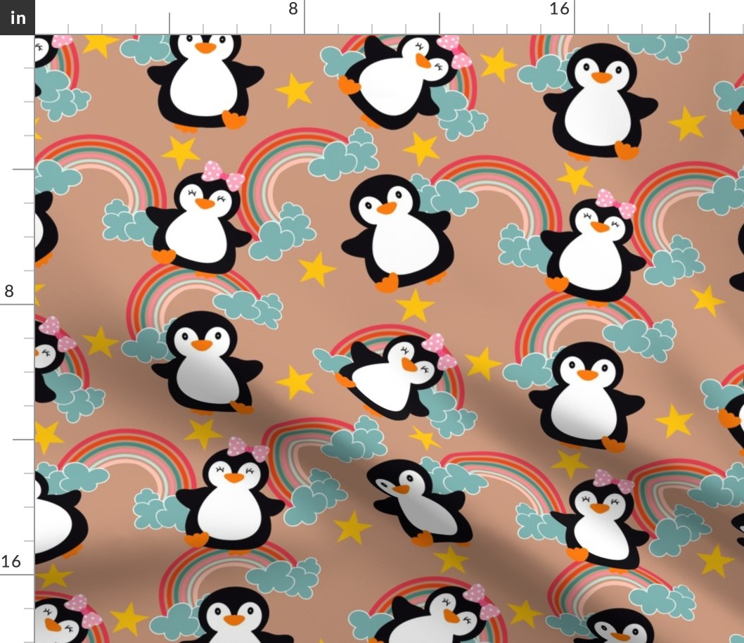 Baby penguins with rainbow on beige (medium)