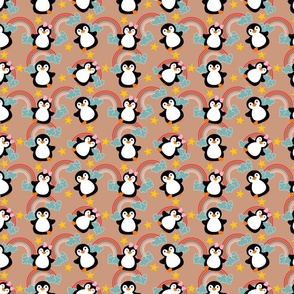 Baby penguins with rainbow on beige (small)