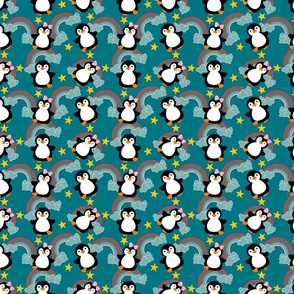 Baby penguins with rainbow on teal (small)