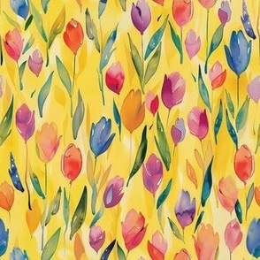 Watercolor wash of colorful pastel tulips on yellow background