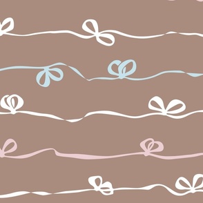 Ribbons with bows tied in a continuous horizontal stripe in pale pink, pale blue on chocolate brown - medium