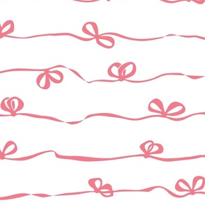 Ribbons with bows tied in a continuous horizontal stripe in dark pink on white - medium