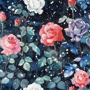 Watercolor roses in the snow - Red, White and Purple