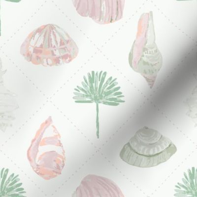 Watercolour Shells and Palms in Pink + Green on Cream background
