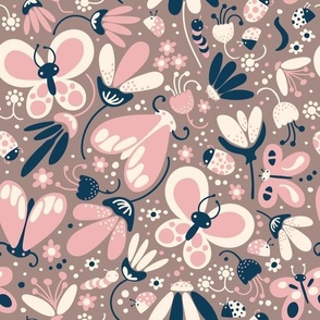 Bugs Butterflies and Flowers on Taupe Children's Decor