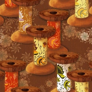 Medium 12” repeat Vintage heritage wooden spool bobbins handdrawn with fabric patterned insert on faux woven texture with handdrawn delicate whimsical flowers on brown