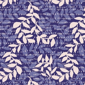 L|Textured Boho leaves in purple-blue and white on dark blue