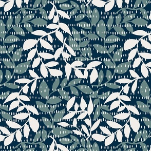 L|Textured Boho leaves in green-gray and white on steel blue