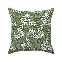 M|Textured Boho leaves in green and white on dark green