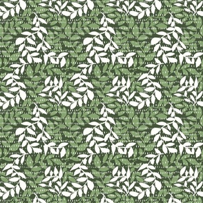 M|Textured Boho leaves in green and white on dark green