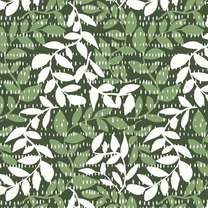 L|Textured Boho leaves in green and white on dark green