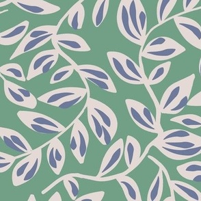 L|Calming white with blue Flowing Leaves with Branches on fresh green