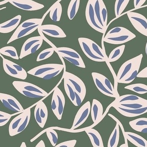 L|Calming beige with blue Flowing Leaves with Branches on sage green