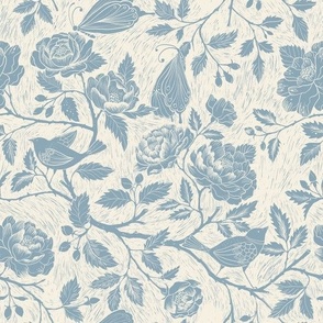 (M)Block Print-Birds Butterflies in Garden Vintage Style Floral-Monochrome Azure Blue