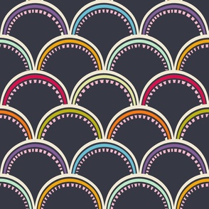 Rainbow Shells Colors arches dashes ogee on navy blue background on medium scale