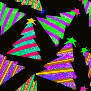 Colorful Hand-drawn Christmas Trees on Black Background - Jumbo Scale