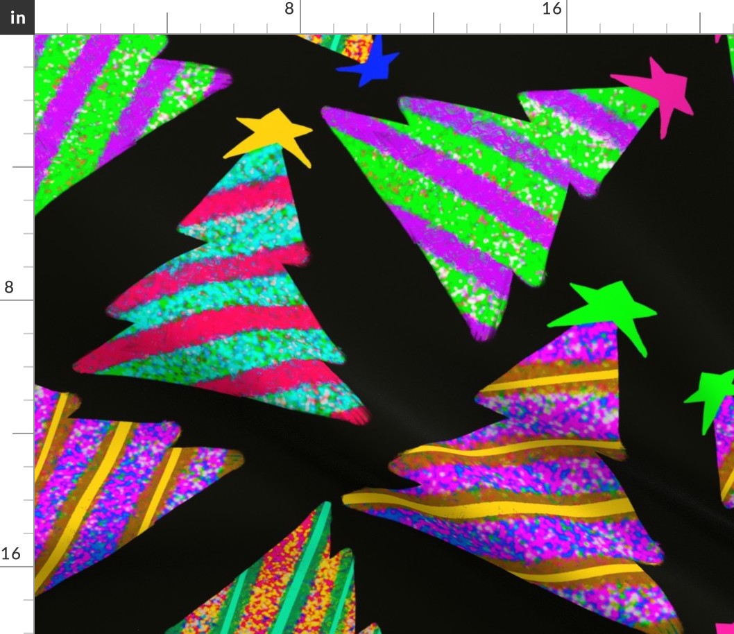Colorful Hand-drawn Christmas Trees on Black Background - Jumbo Scale