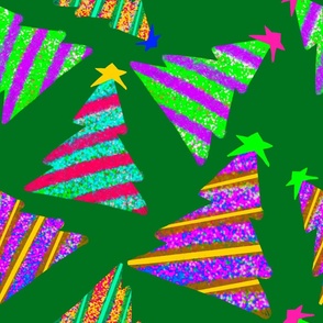 Colorful Hand-drawn Christmas Trees on Dark Green Background - Jumbo Scale