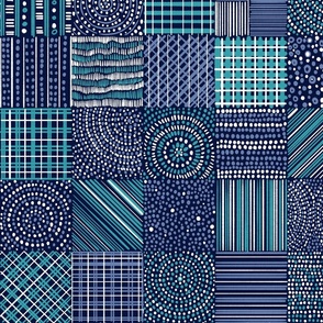Blue, Teal and White Patchwork Cheater Quilt With Dots, Irregular Stripes and Plaid Mixed Patterns