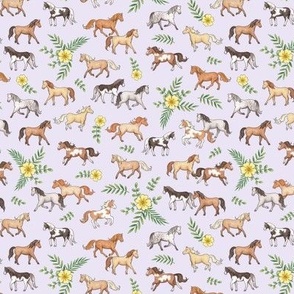 Horses and Primrose Floral on pale lilac - small scale
