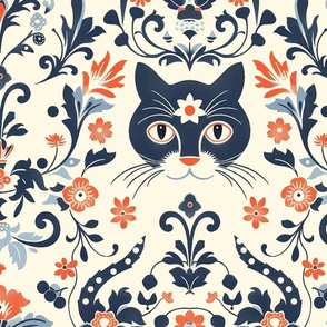 Asian inspired floral cat damask pattern