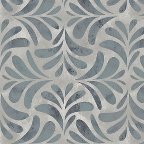 Boho Chic Block Print Textured Tile Leaves in slate gray