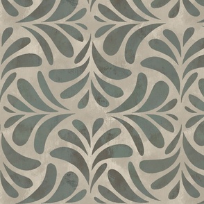 Boho Chic Block Print Textured Tile Leaves in faded sage green