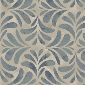 Boho Chic Block Print Textured Tile Leaves in faded indigo blue