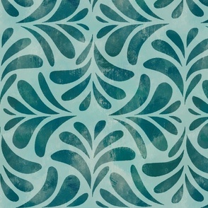 Boho Chic Block Print Textured Tile Leaves in deep sea foam green