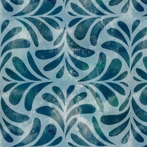 Coastal Boho Chic Block Print Textured Tile Leaves in moody indigo