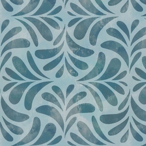 Boho Chic Block Print Textured Tile Leaves in sea coast blue green