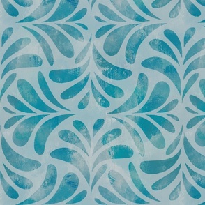 Vintage Boho Chic Block Print Textured Tile Leaves in Coastal turquoise blue green