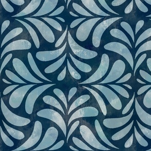 Boho Chic Block Print Textured Tile Leaves in Moody Coastal Blue 