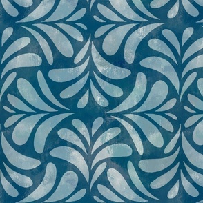 Boho Chic Block Print Textured Tile Leaves in tidal wave light blue