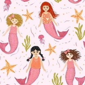 6" Cute Memaid Girls and Sea Life - Pink