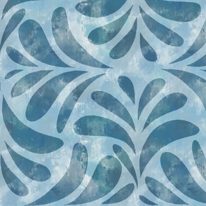 Boho Chic Block Print Textured Tile Leaves in Tidal Wave blue Large
