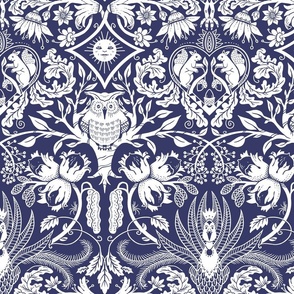 (L) Silver grey damask owl and peacock in the Forest on dark blue