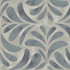 Boho Chic Block Print Textured Tile Leaves in sand brown and sea blue Large