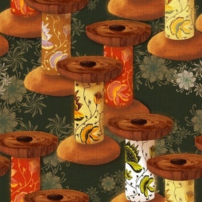 Medium 12” repeat Vintage heritage wooden spool bobbins handdrawn with fabric patterned insert on faux woven texture with handdrawn delicate whimsical flowers on very dark green