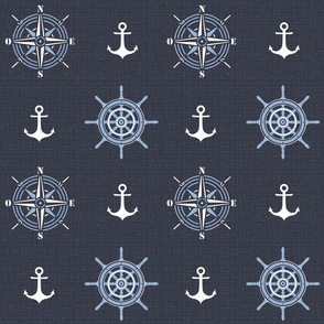 Anchors and compass roses on deep prussian blue | large