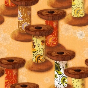 Medium 12” repeat Vintage heritage wooden spool bobbins handdrawn with fabric patterned insert on faux woven texture with handdrawn delicate whimsical flowers on Pantone peach fuzz real peachy