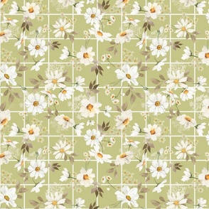 Small- Watercolor Hand Painted Cute Nursery Daisies Wildflowers Spring Meadow - Grid Squares Green