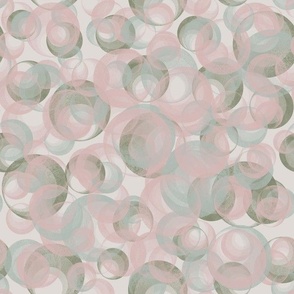 Modern Geometric Floating Bubbles Serene Wallscapes in Artichoke Green and Apple Blossom Pink Hues