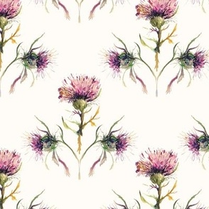 Small Pink Golden Thistles on Cream / Flowers / Floral / Watercolor / Vintage