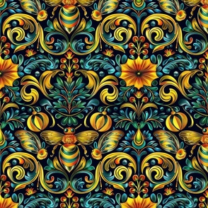art nouveau bee damask in orange gold and blue green