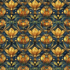 art nouveau royal lotus in gold and blue green