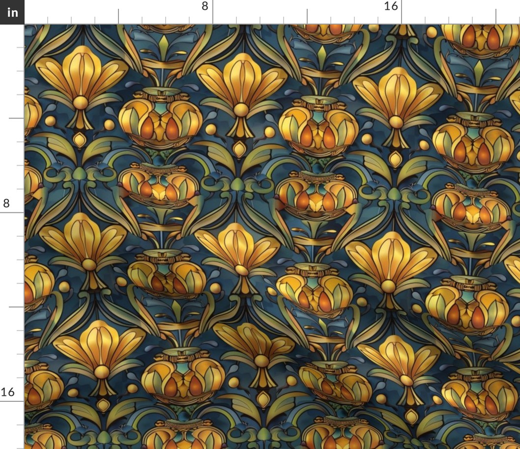art nouveau royal lotus in gold and blue green