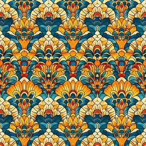 art nouveau honeycomb fan in orange gold and teal blue