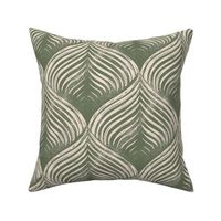 (L) Abstract blockprint Optical Art petals with 3D effect, muted olive green