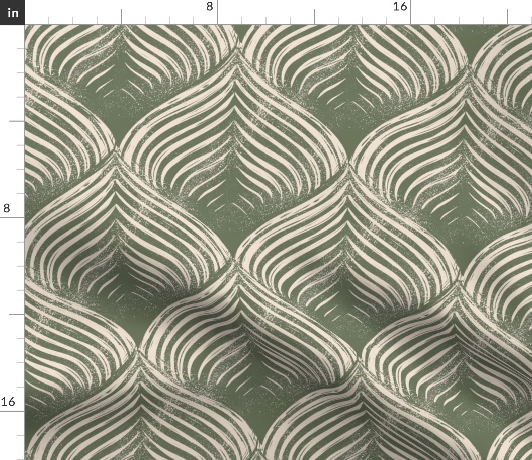 (L) Abstract blockprint Optical Art petals with 3D effect, muted olive green